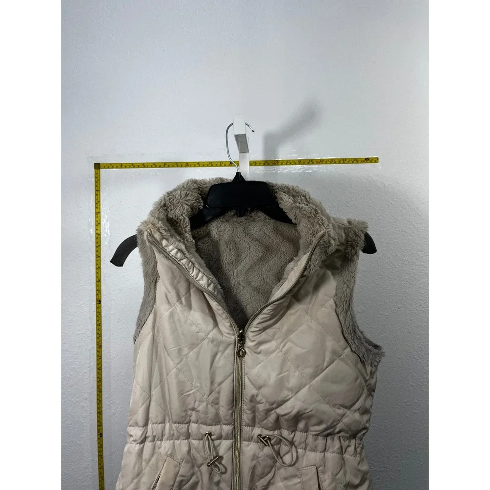 Quilted Faux Fur Lined Puffer Vest Beige Cinched Waist‎ Sleeveless Jacket Large